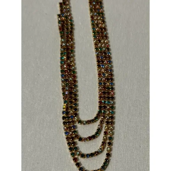 Vintage 70's Necklace Multicolor Aurora Borealis Crystals Gold Tone Stunning - Picture 5 of 7